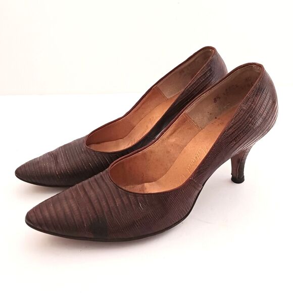 VTG 50s Natural Bridge Genuine Lizard Brown Leather Pump Sz 8.5 Narrow - Picture 5 of 11